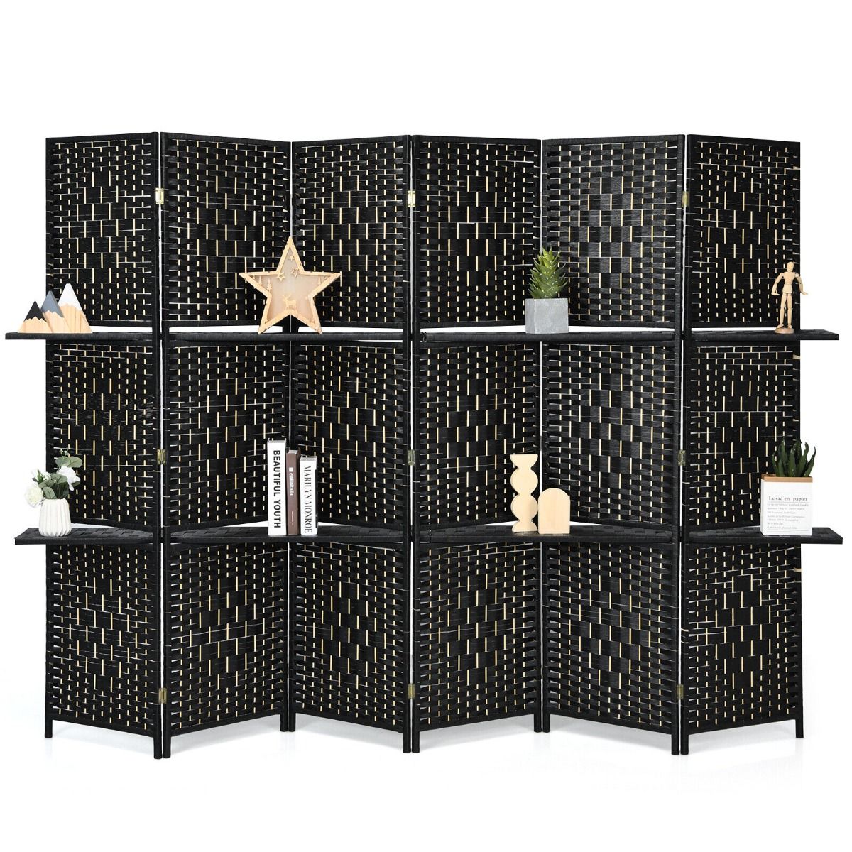 6 Panel Freestanding Folding Room Divider with Removable Shelves